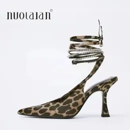 Leopard Sexy Heels Women Pumps Laceup Pointed Toe Thin High Slingback Lady Ankle Strap Party Shoes Female 240119