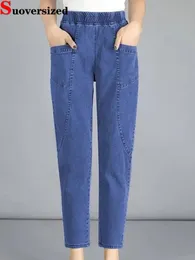 Vintage cintura alta tornozelo comprimento azul jeans harem elástico denim calças tamanho grande 4xl mulher jogger vaqueros casual baggy spodnie 240201