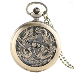 Pocket Saatler Zarif İçi Boş Dragon Phoenix Bronz Watch Quartz Analog Kolye Kolye Saati Hediye Antik Stil Moda Zamanı