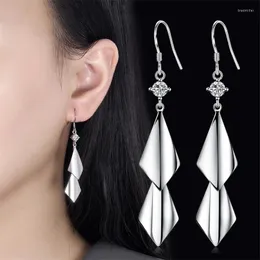 Dangle Küpeler Moda Gümüş Renk Geometrik Rhombus Kristal Tassel Damlaları Kadınlar İçin Parlak Çift Yapraklı Asma Modaya Dönüş