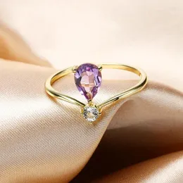 Cluster Rings LAMOON Wedding Ring Natural Amethyst Topaz 925 Sterling Silver Gold Plated Water Drop Shape Bijoux Fine Jewelry Gift RI189