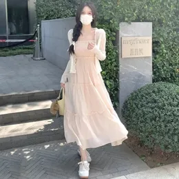 Moda coreana das mulheres verão y2k moda sem mangas rendas soltas rosa casual midi vestido elegante sukienka 240210