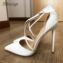 Tikicup Women White Glossy Patent Cross Strap Stiletto Pumps Pointed Toe DOrsay High Heels for Ladies Wedding Party Shoes 240129