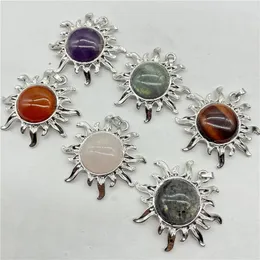 Pendant Necklaces Natural Gem Stone Amethyst Quartz Crystal Agate Plated Silver Alloy Sun Jewelry Making Necklace Accessories 6Pcs