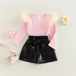 Clothing Sets CitgeeAutumn Kids Toddler Girl Clothes Set Solid Long Sleeve Tops Feather Leather Shorts Belt Fall Suit
