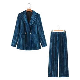 Taop Za продукт ранней весны, женский модный повседневный бархатный мятый костюм, пальто, комплект с широкими брюками 240130