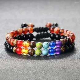 Link Bracelets 2 PCS/SET 7 Chakra Healing for Women 남자 남성 트렌디 한 수제 꼰 자연 스톤 Reiki 밸런스 요가 뱅글 보석 선물