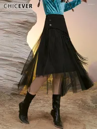スカート女性のためのチツェーバーソリッドハイウエストパッチワークメッシュミニマリストルーズミッドスカート女性秋の服ファッションスタイル2024