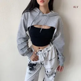 Bayan Uzun Kollu Kırpılmış Hoodies Sweatshirt Estetik Punk Hiphop Dans Dansı Seksi Çılgın Kesme Gevşek Süper mahsul üst 240131