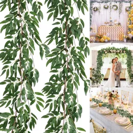 Flores decorativas Yan Artificial Italiano Ruscus Eucalyptus Garland Silk Willow Leaf Vine Greenery para quarto interior ao ar livre casamento rústico