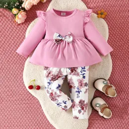 Zestawy odzieży Dziewczyny Dziewczyny z długim rękawem Bowknot Tops Floral Prints Pants Dwuczęściowe stroje Zestaw dla dzieci Ubranie dla dzieci