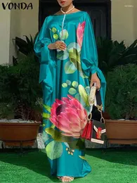 Casual Dresses Vonda Elegantes Satinkleid 2024 Sommer Frauen Oansatz Langarm Maxi Sommerkleid Floral Bedruckte Schleife Plissee Party Robe
