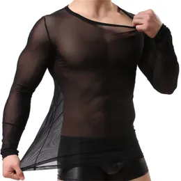 Canottiera da uomo Abbigliamento gay Camicia a rete in nylon T-shirt trasparenti a maniche lunghe T-shirt sexy trasparente Intimo 240123