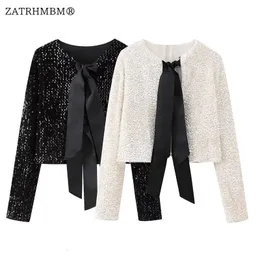 Zatrhmbm Women Autumn Fashion Bow Lace Up Sequined Jacket Coat Vintage Oneck Long Sleeves Female Outerwear Chic Tops 240124