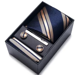 100% шелковый брендовый галстук, носовой платок, набор запонок для мужчин, галстук, праздничная подарочная коробка, синее золото, аксессуары для костюма, тонкие свадебные Gravatas 240124