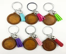 Jiangzimei 24pcs Log Kolor Brown 18x25 mm 25 mm drewniany stalowa stalowa stalowa stalowa klosz ślepy drewniany wisiorek z frędzlami Keyring4557368