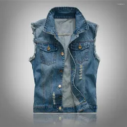 Coletes masculinos homens colete jaqueta rasgado denim para hop streetwear com bolsos single-breasted cor sólida cardigan macio