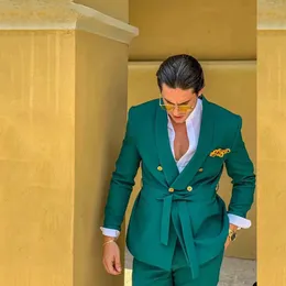 Design verde masculino ternos para casamento com cinto 2 peças duplo breasted formal noivo viagem wear jaqueta calças traje homme 240124