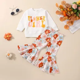 Set di abbigliamento CitgeeSpring Set di vestiti per bambina per bambini a maniche lunghe Felpa con stampa di lettere a maniche lunghe Pantaloni svasati a fiori in vita elastica