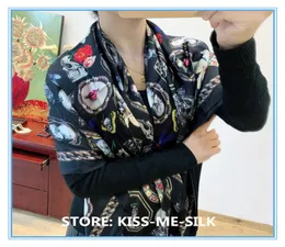 KMS European Medieval Vintage Oil Målning Silk Scarf Black Atmospheric Skull Silk Scarf Plain Crepe Satin Shawl 140 LJ2011128114110