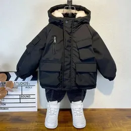 새로운 겨울면 재킷 소년 검은 후드가있는 재킷 어린이 코트 코트 청소년 3-8y Childrens Park Apron Snow Coat 240210