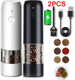 2PC Automatic Pepper Grinder USB Electric Rechargeable Salt Spices Grinder Mill with LED Light Stainless Steel Seasoning Bottle 240118