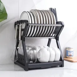 Dish Drainer Drying Rack Kitchen Storage Double Layer Shelf Knife Fork Container Holder Cutting Board Stand 240223