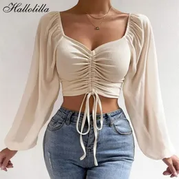 Seksi vneck kadınlar bluzlar çizim uzun kollu mahsul üstleri bayanlar moda yaz kısa gömlek kadın kıyafetleri blusas camisas mujer 240127