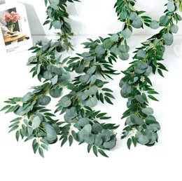 Flores decorativas artificial folha de salgueiro eucalipto guirlanda videira planta falso casamento fundo arco casa decoração do quarto