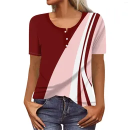 زر القمصان النسائية V-neck أزياء طباعة قصيرة الأكمام تي شيرت نحيف أعلى قمم غير رسمية camisetas femininas playeras de mujeres