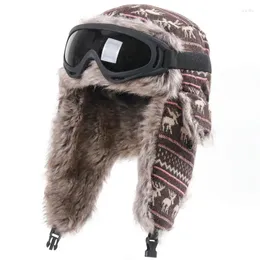 Береты для женщин и мужчин вязаные рождественские шапки-бомберы с очками ветрозащитные для катания на лыжах на открытом воздухе утепленная защита ушей зимняя теплая летающая шапка