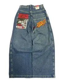 Retro Y2K Erkek Kot High Street İşlemeli Hip Hop Moda Markası Yüksek Bel Düz Tüp Gevşek Geniş Bacak Pantolonları 240126