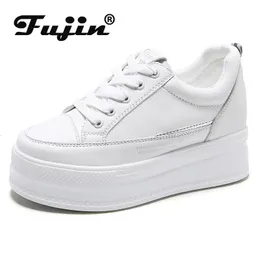 Fujin 7cm microfibra couro feminino sapatos casuais plataforma branca cunha escondida sapatos de salto branco sapatos grossos tênis skate 240126
