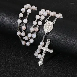 Hänghalsband Komi White Rosary Beads Cross Long Necklace For Women Men Katolska Kristus Religiösa Jesus Jewelry Gift R-232