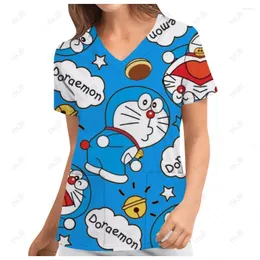 Kadın Tişörtleri V Boyun T-Shir Hastane Hemşire Üniforma Karikatür Doraemon Kadın Giysileri Üstü Üst Kadınlar 2024 Moda Yaz Cep Tişörtleri