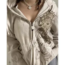 Xingqing Fairy Grunge Sweatshirt 2000s Aesthetic Graphic Long Sleeve Tops with Pockets Vintage Coat y2k Women Hoodie Streetwear 240202