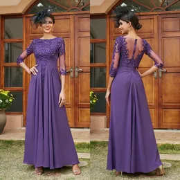 Purple Long Mother of the Bride Gowns Jewel 3/4 ärmar Appliced ​​spetspärlade Chiffon Mors klänning Mamma av brudgummen klänningar klänningar för afrikanska kvinnor Amm074