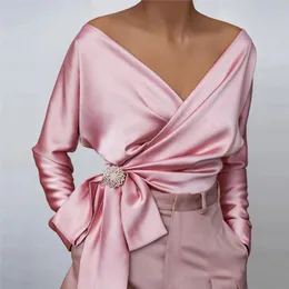 Biyaby Sexy Deep V Neck Satin Shirt for Women 가을 긴 소매 튜닉 블라우스 여성 우아한 단색 작물 여성 240127