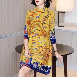 Vestidos casuais ewsfv 2024 outono solto tamanho grande gordura capa barriga reduzir idade mãe versão modificada cheongsam vestido de drapeado alto