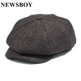 Sboy Wool Men Hat Tweed Plaid Sboy Cap Style Gatsby Flat Cap wełniany ośmiokątny kapelusz jesienny zima beret 240124