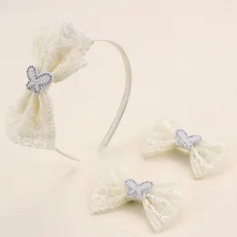 Hårtillbehör 3st Lace Bow Hairband Sweet Pearl Farterfly Pannband för barn Brodery Flower Rhinestone Clips Barrettes Band