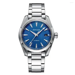 Armbanduhren PHYLIDA 10BAR wasserdichte NH35-Automatikuhr, blaues Zifferblatt, klassische mechanische Armbanduhr, solides SS-gewölbtes Saphirglas