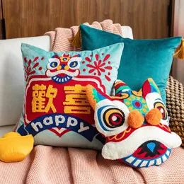 Dunxdeco Cushion Cover Dekorativ kudde Joy Kinesisk traditionell danslejon broderi soffa stol sängkläder kussin 240122