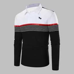 2023 Spring Autumn Horse Print Men Long Sleeve Spell Color Polo Shirt Men Business Casual Lapel Polo Shirt Tops 240123