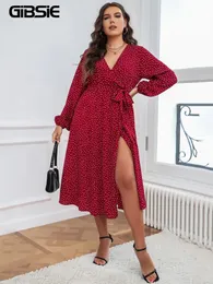 GIBSIE Plus Größe Polka Dot V-ausschnitt Gürtel Kleid 4xl 3xl Frauen Frühling Sommer Boho A-line Split Lange Kleider Urlaub Sexy vestidos 240201