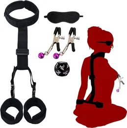 Sex Bondage BDSM, Adjustable Behind Back Handcuffs Collar with Blindfold Nipple Clamp Anti-Collar Bondage Sex Toys SM Adult Games Gear Accessories.(Nylon)