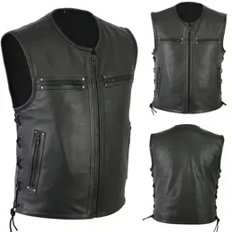 Homens motocicleta colete de couro cor sólida grande bolso sem mangas jaquetas motociclista vintage casual colete masculino plus size s5xl 240125