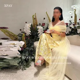 Xpay 2024 Light Yellow Saudi Arabic Women Prom -klänningar Handgjorda pärlor mjuka tyllkapsel ärmar Ankel längd Evening Party Gowwns 240125