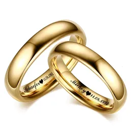 Anéis de casal de aço inoxidável suave, cor dourada, simples 4mm, mulheres, homens, amantes, joias de casamento, presentes de noivado 240119