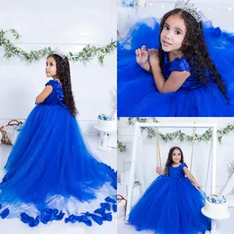 Royal Blue Shining Flower Girl Kleider Kleider reine Hals geschwollene, plissierte Tüllball Little Girls für Hochzeit angewandte Spitze Perlen -Brautkleider nf s s s s s s s s s s s s s.